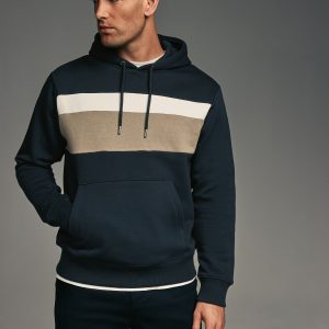 FORTRESS044 Navy Blue/White/Cream Panel Blocking Hoodie