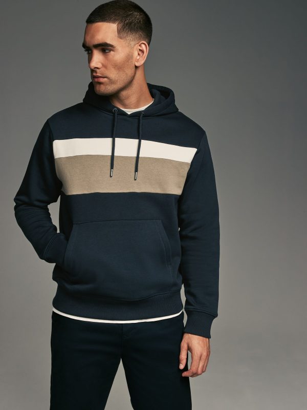 FORTRESS044 Navy Blue/White/Cream Panel Blocking Hoodie