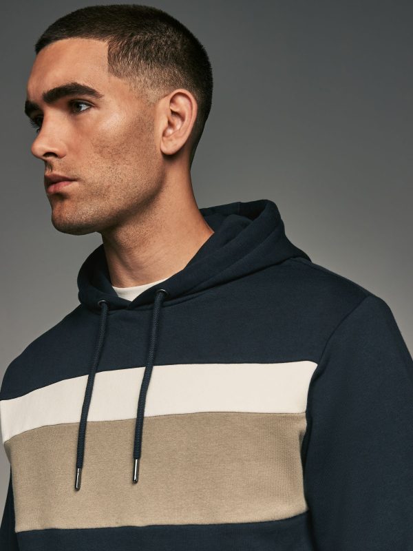 FORTRESS044 Navy Blue/White/Cream Panel Blocking Hoodie - Image 2