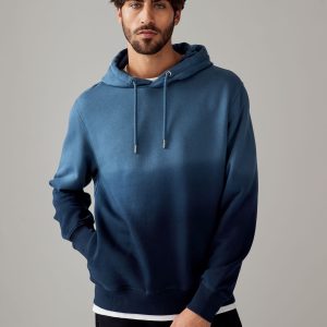 FORTRESS041 Navy Blue Ombre Dip-Dye Cotton Rich Jersey Hoodie