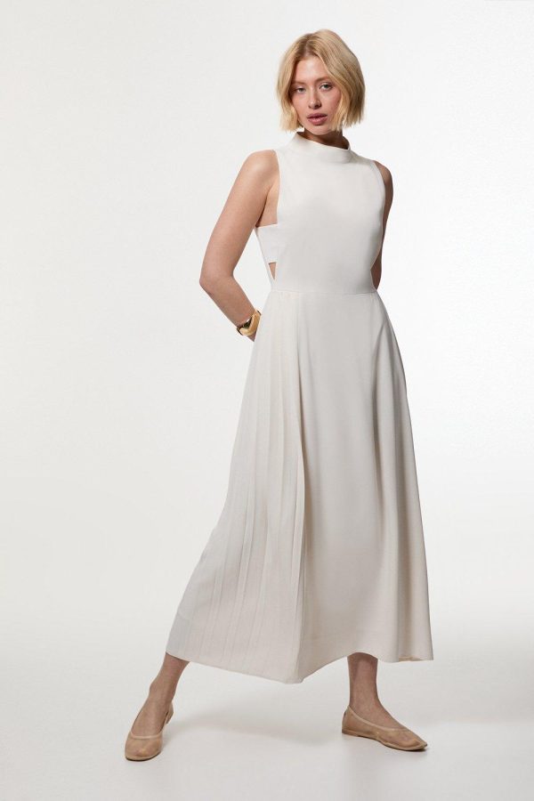 FORTRESS014 Soft Tailored Pleated Panel Midaxi Dress