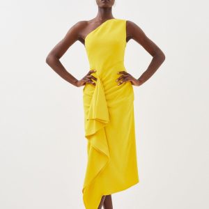 FORTRESS018 Compact Viscose Tailored One Shoulder Drape Front Pencil Dress