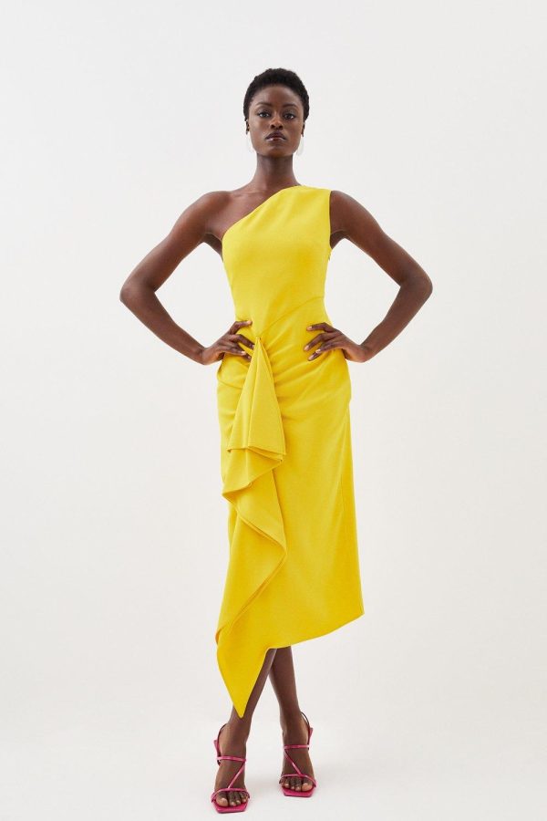 FORTRESS018 Compact Viscose Tailored One Shoulder Drape Front Pencil Dress