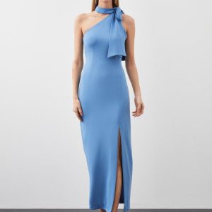 FORTRESS016 Soft Tailored Tie Neck Midi Dress