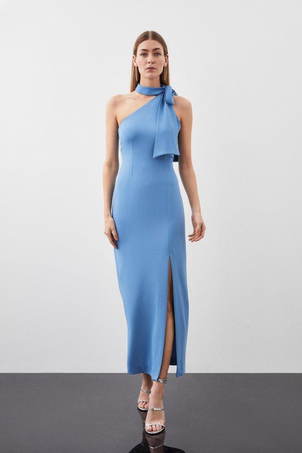 FORTRESS016 Soft Tailored Tie Neck Midi Dress