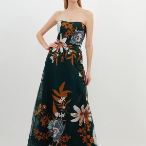 FORTRESS003 Premium Embroidered Bandeau Beaded Organdie Woven Maxi Dress