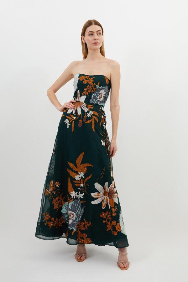 FORTRESS003 Premium Embroidered Bandeau Beaded Organdie Woven Maxi Dress