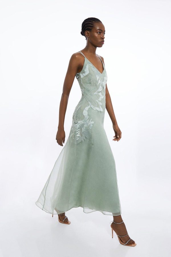 FORTRESS009 Satin Applique Woven Maxi Dress