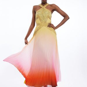 FORTRESS015 Geo Embellished Ombre Pleated Woven Maxi Dress