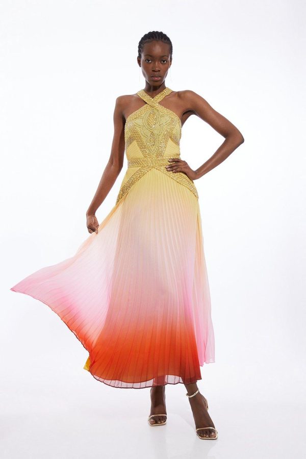 FORTRESS015 Geo Embellished Ombre Pleated Woven Maxi Dress