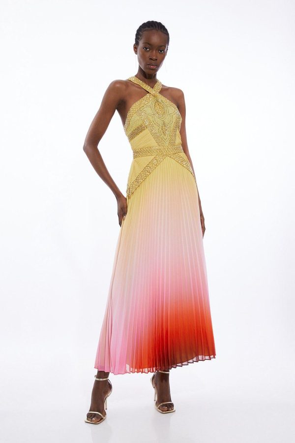 FORTRESS015 Geo Embellished Ombre Pleated Woven Maxi Dress - Image 3