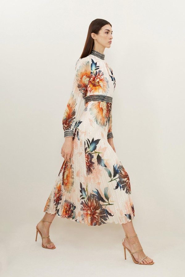 FORTRESS012 Petite Diamante Trim Rose Floral Woven Maxi Dress