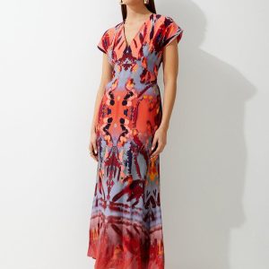 FORTRESS008 Mirrored Print Satin Crepe Angel Sleeve Woven Maxi Dress