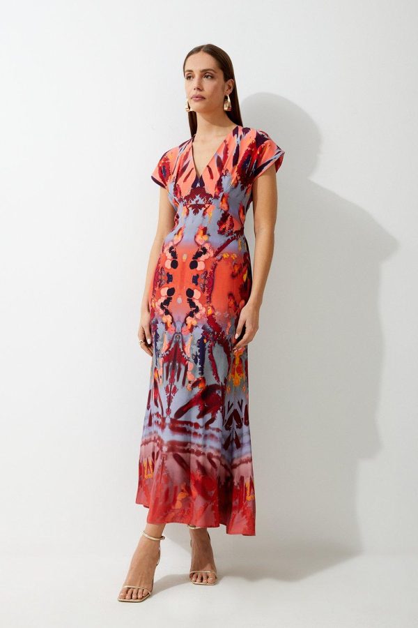 FORTRESS008 Mirrored Print Satin Crepe Angel Sleeve Woven Maxi Dress