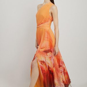 FORTRESS005 Feather Border Print Soft Pleated One Shoulder Midaxi Dress