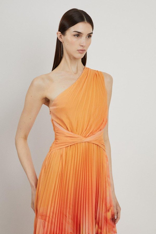 FORTRESS005 Feather Border Print Soft Pleated One Shoulder Midaxi Dress - Image 2