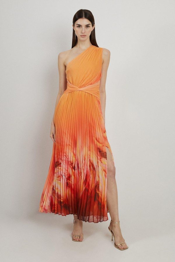 FORTRESS005 Feather Border Print Soft Pleated One Shoulder Midaxi Dress - Image 3