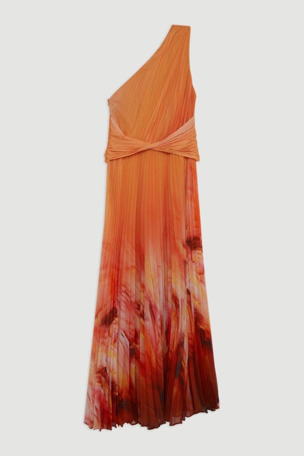 FORTRESS005 Feather Border Print Soft Pleated One Shoulder Midaxi Dress - Image 4
