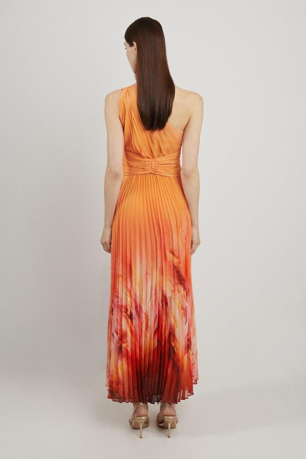 FORTRESS005 Feather Border Print Soft Pleated One Shoulder Midaxi Dress - Image 5