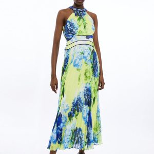 FORTRESS011 Floral Pleated Crinkle Halter Woven Maxi Dress