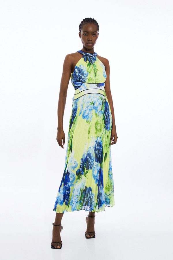 FORTRESS011 Floral Pleated Crinkle Halter Woven Maxi Dress