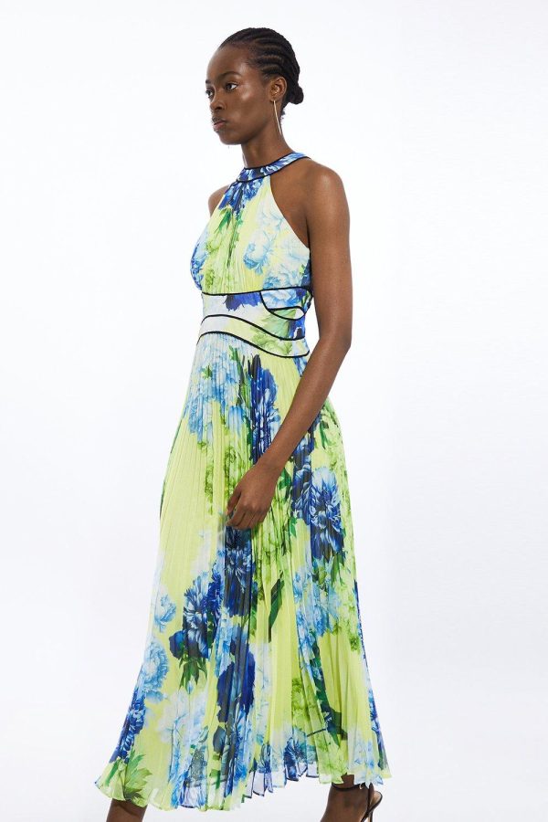FORTRESS011 Floral Pleated Crinkle Halter Woven Maxi Dress - Image 3