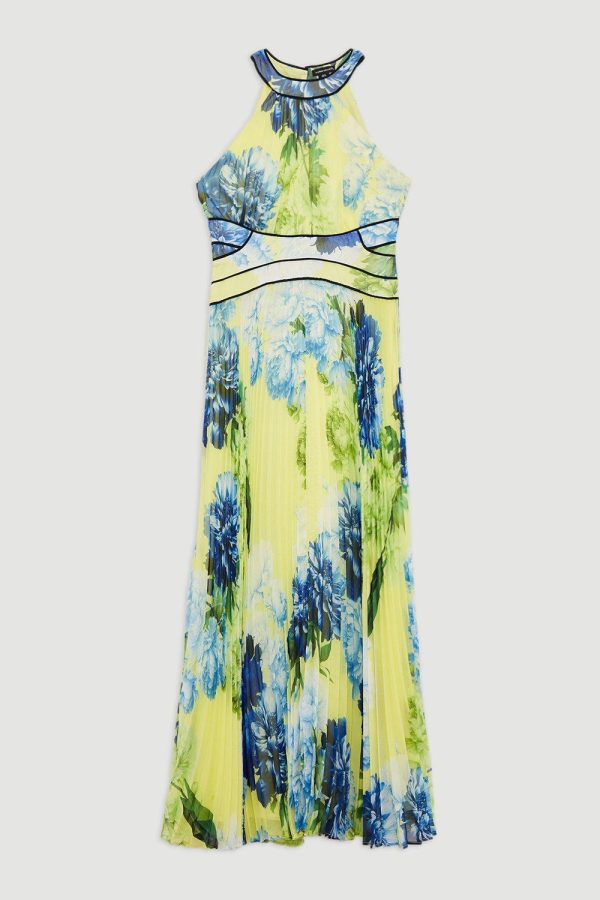 FORTRESS011 Floral Pleated Crinkle Halter Woven Maxi Dress - Image 4