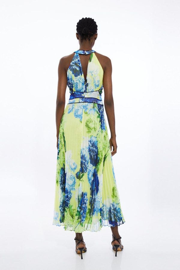 FORTRESS011 Floral Pleated Crinkle Halter Woven Maxi Dress - Image 5