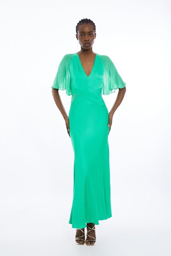 FORTRESS002 Viscose Georgette Angel Sleeve Woven Maxi Dress