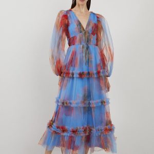 FORTRESS004 Spring Floral Tulle Plunge Maxi Dress
