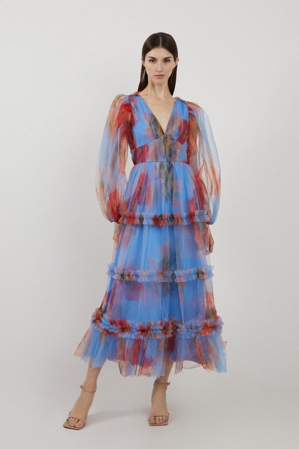 FORTRESS004 Spring Floral Tulle Plunge Maxi Dress