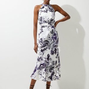FORTRESS019 Abstract Floral Satin Woven Halter Midi Dress