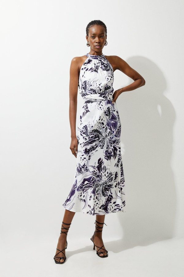 FORTRESS019 Abstract Floral Satin Woven Halter Midi Dress