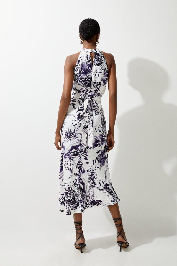 FORTRESS019 Abstract Floral Satin Woven Halter Midi Dress - Image 5