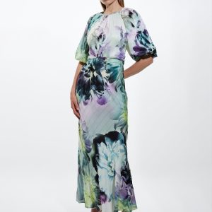 FORTRESS017 Spring Floral Printed Hammered Satin Woven Midi Dress