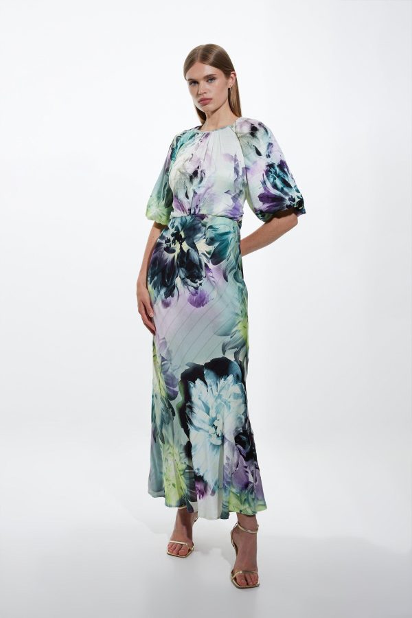 FORTRESS017 Spring Floral Printed Hammered Satin Woven Midi Dress