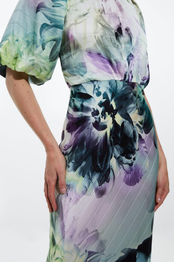 FORTRESS017 Spring Floral Printed Hammered Satin Woven Midi Dress - Image 3