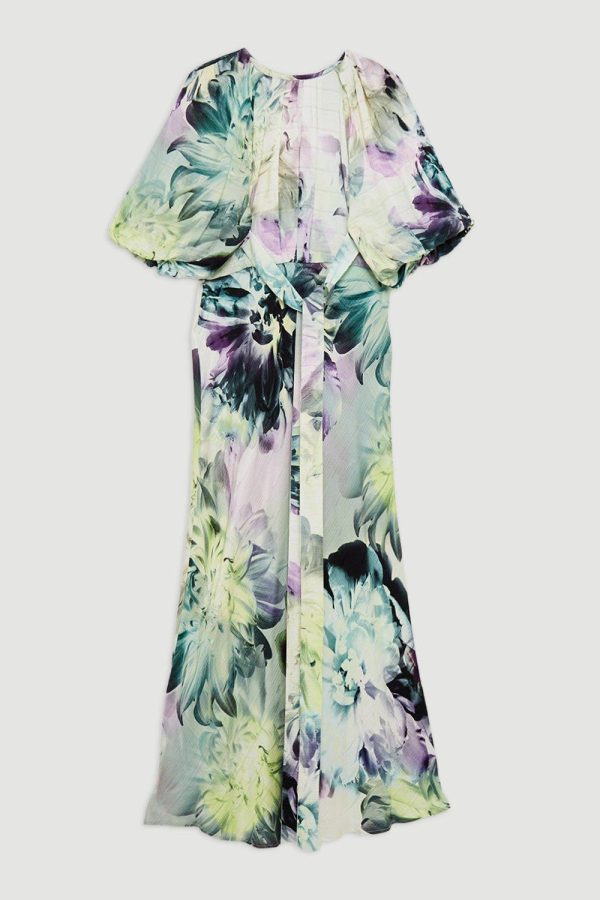 FORTRESS017 Spring Floral Printed Hammered Satin Woven Midi Dress - Image 4