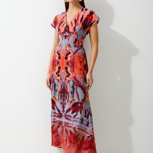 FORTRESS010 Petite Mirrored Print Satin Crepe Angel Sleeve Woven Maxi Dress